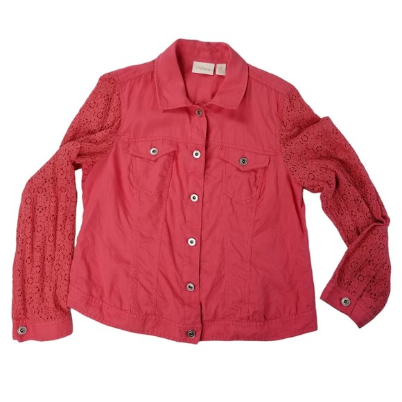 Chico's Linen Shacket Truckers Jacket Womens Sz M ( 1 ) Lace Sleeve Salmon - Picture 13 of 16